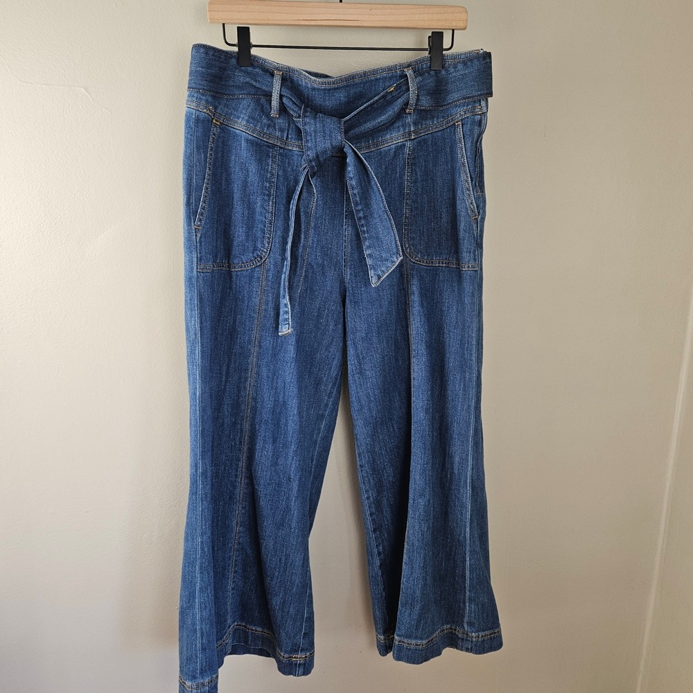 Pilcro Anthropologie Ultra High Rise Cropped Wide Leg Belted Jeans Sz 32 Blue - Picture 2 of 8